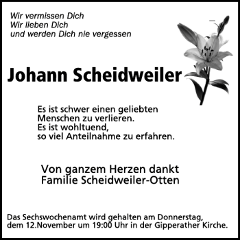 Traueranzeige von Johann Scheidweiler von WochenSpiegel