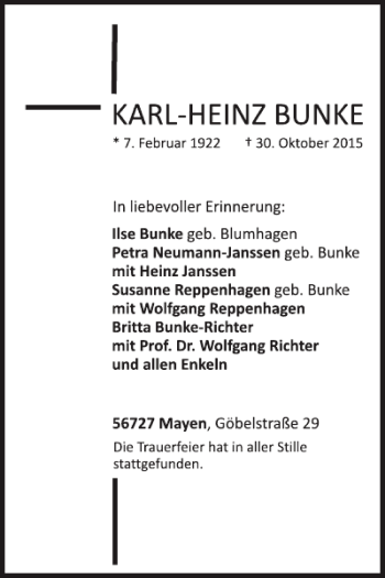 Traueranzeige von Karl-Heinz Bunke von WochenSpiegel