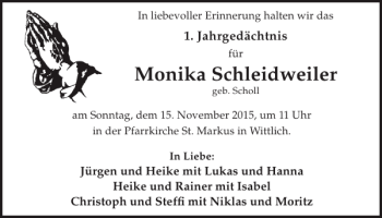 Traueranzeige von Monika Schleidweiler von WochenSpiegel