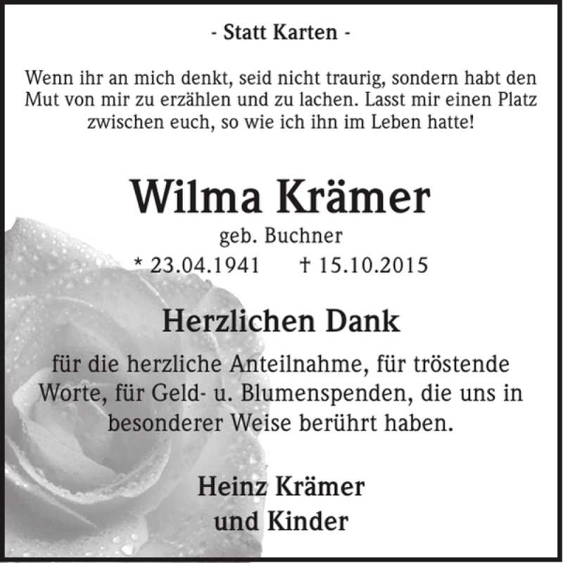  Traueranzeige für Wilma Krämer vom 25.11.2015 aus WochenSpiegel