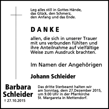 Traueranzeige von Barbara Schleider von WochenSpiegel