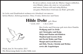 Traueranzeige von Hilde Dohr von WochenSpiegel