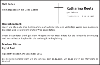 Traueranzeige von Katharina Reetz von WochenSpiegel