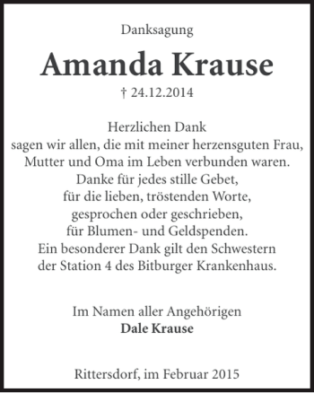 Traueranzeige von Amanda Krause von WochenSpiegel