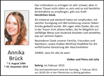 Traueranzeige von Annika Brück von WochenSpiegel