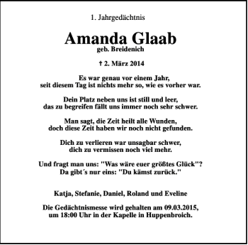 Traueranzeige von Amanda Glaab von WochenSpiegel