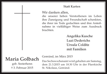 Traueranzeige von Maria Golbach von WochenSpiegel