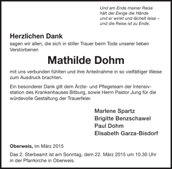 Traueranzeige von Mathilde Dohm von WochenSpiegel