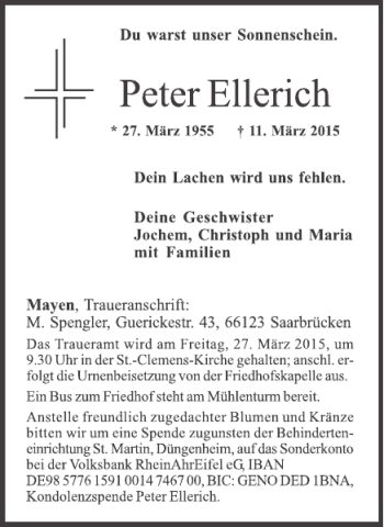 Traueranzeige von Peter Ellerich von WochenSpiegel