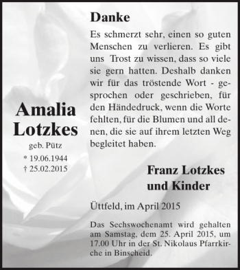 Traueranzeige von Amalia Lotzkes von WochenSpiegel