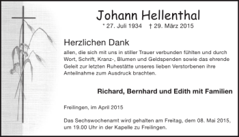 Traueranzeige von Johann Hellenthal von WochenSpiegel