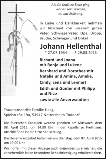 Traueranzeige von Johann Hellenthal von WochenSpiegel