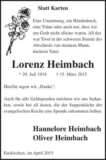 Traueranzeige von Lorenz Heimbach von WochenSpiegel