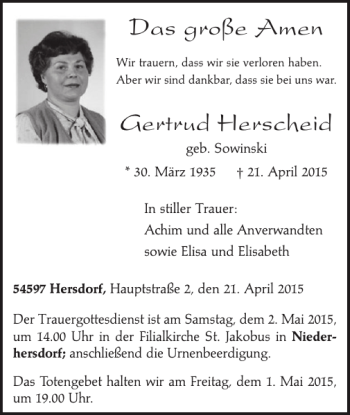 Traueranzeige von große Amen Gertrud Herscheid von WochenSpiegel