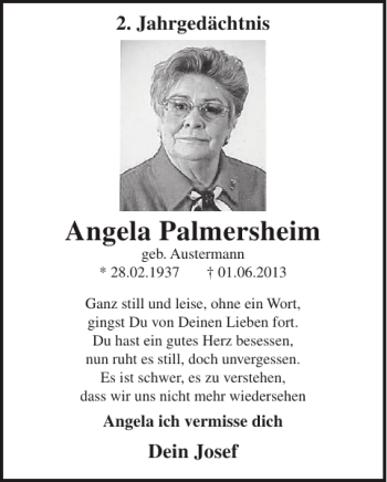 Traueranzeige von Angela Palmersheim von WochenSpiegel