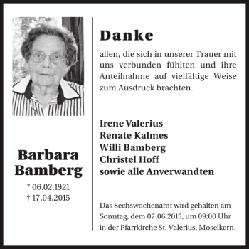 Traueranzeige von Barbara Bamberg von WochenSpiegel