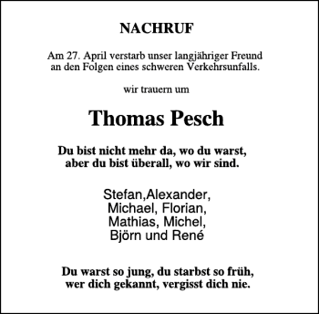 Traueranzeige von Thomas Pesch von WochenSpiegel