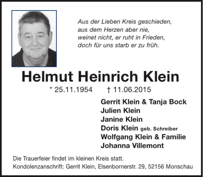  Traueranzeige für Helmut Heinrich Klein vom 17.06.2015 aus WochenSpiegel
