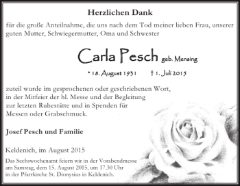 Traueranzeige von Carla Pesch von WochenSpiegel