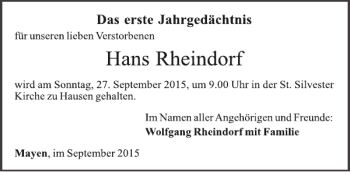 Traueranzeige von Hans Rheindorf von WochenSpiegel