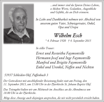 Traueranzeige von Wilhelm Esch von WochenSpiegel