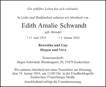 Traueranzeige von Edith Amalie Schwandt von WochenSpiegel