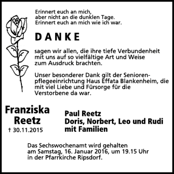 Traueranzeige von Franziska Reetz von WochenSpiegel