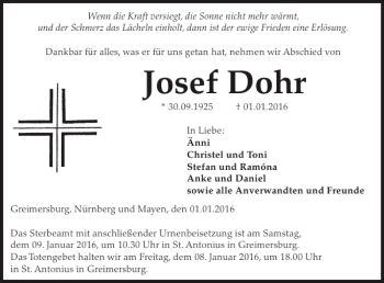 Traueranzeige von Josef Dohr von WochenSpiegel