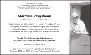 Traueranzeige von Matthias Zingsheim von WochenSpiegel