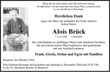 Traueranzeige von Alois Brück von WochenSpiegel