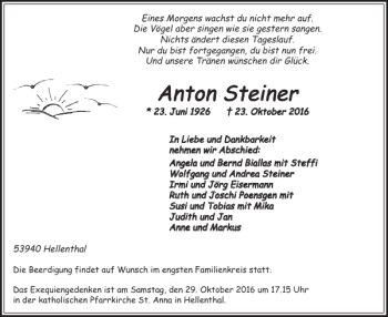 Traueranzeige von Anton Steiner von WochenSpiegel