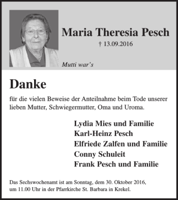 Traueranzeige von Maria Theresia Pesch von WochenSpiegel