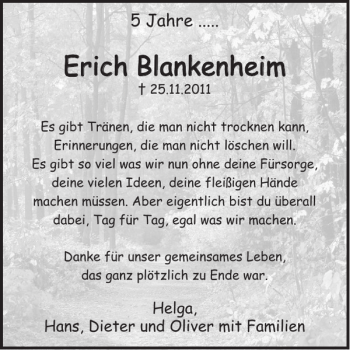 Traueranzeige von Erich Blankenheim von WochenSpiegel