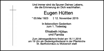 Traueranzeige von Eugen Hütten von WochenSpiegel