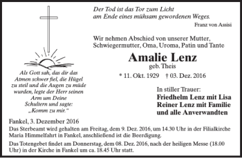 Traueranzeige von Amalie Lenz von WochenSpiegel