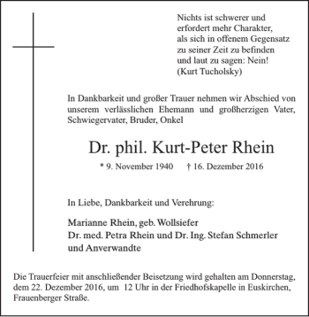 Traueranzeige von Dr. Phil. Kurt-Peter Rhein von WochenSpiegel