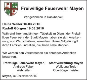 Traueranzeige von Freiwillige Mayen von WochenSpiegel