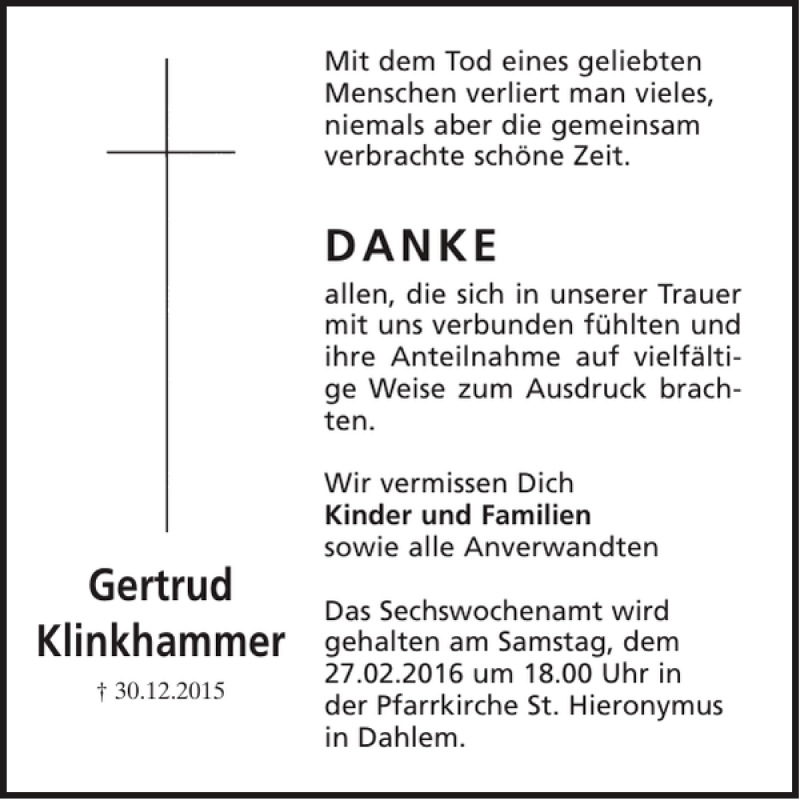  Traueranzeige für Gertrud Klinkhammer vom 24.02.2016 aus WochenSpiegel
