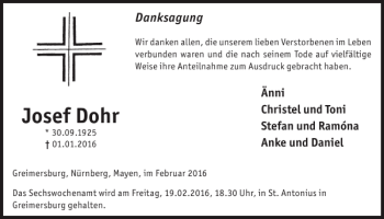 Traueranzeige von Josef Dohr von WochenSpiegel