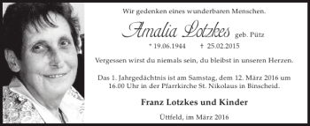 Traueranzeige von Amalia Lotzkes von WochenSpiegel