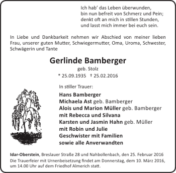 Traueranzeige von Gerlinde Bamberger von WochenSpiegel