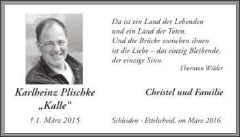 Traueranzeige von Karlheinz Plischke Kalle von WochenSpiegel