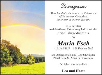 Traueranzeige von Maria Esch von WochenSpiegel