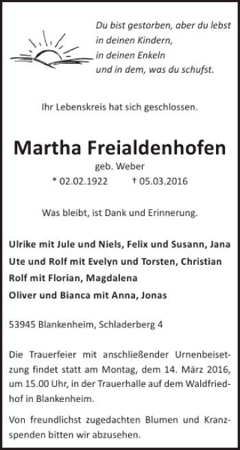 Traueranzeige von Martha Freialdenhofen von WochenSpiegel