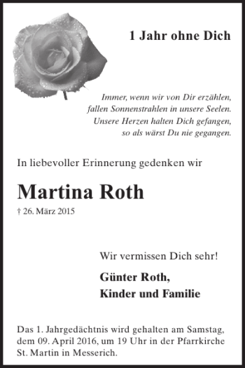 Traueranzeige von Martina Roth von WochenSpiegel