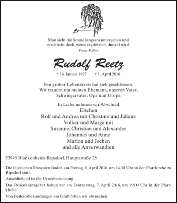 Traueranzeige von Rudolf Reetz von WochenSpiegel