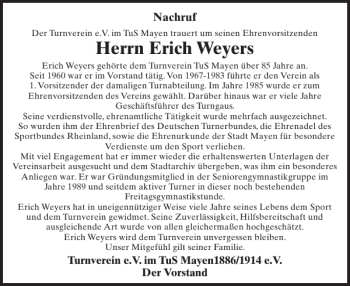 Traueranzeige von Erich Weyers von WochenSpiegel