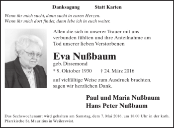 Traueranzeige von Eva Nußbaum von WochenSpiegel