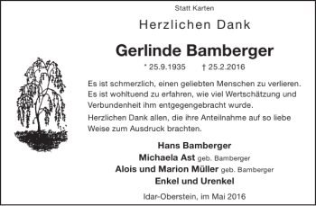 Traueranzeige von Gerlinde Bamberger von WochenSpiegel