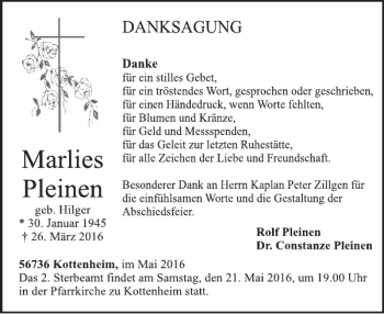 Traueranzeige von Marlies Pleinen von WochenSpiegel